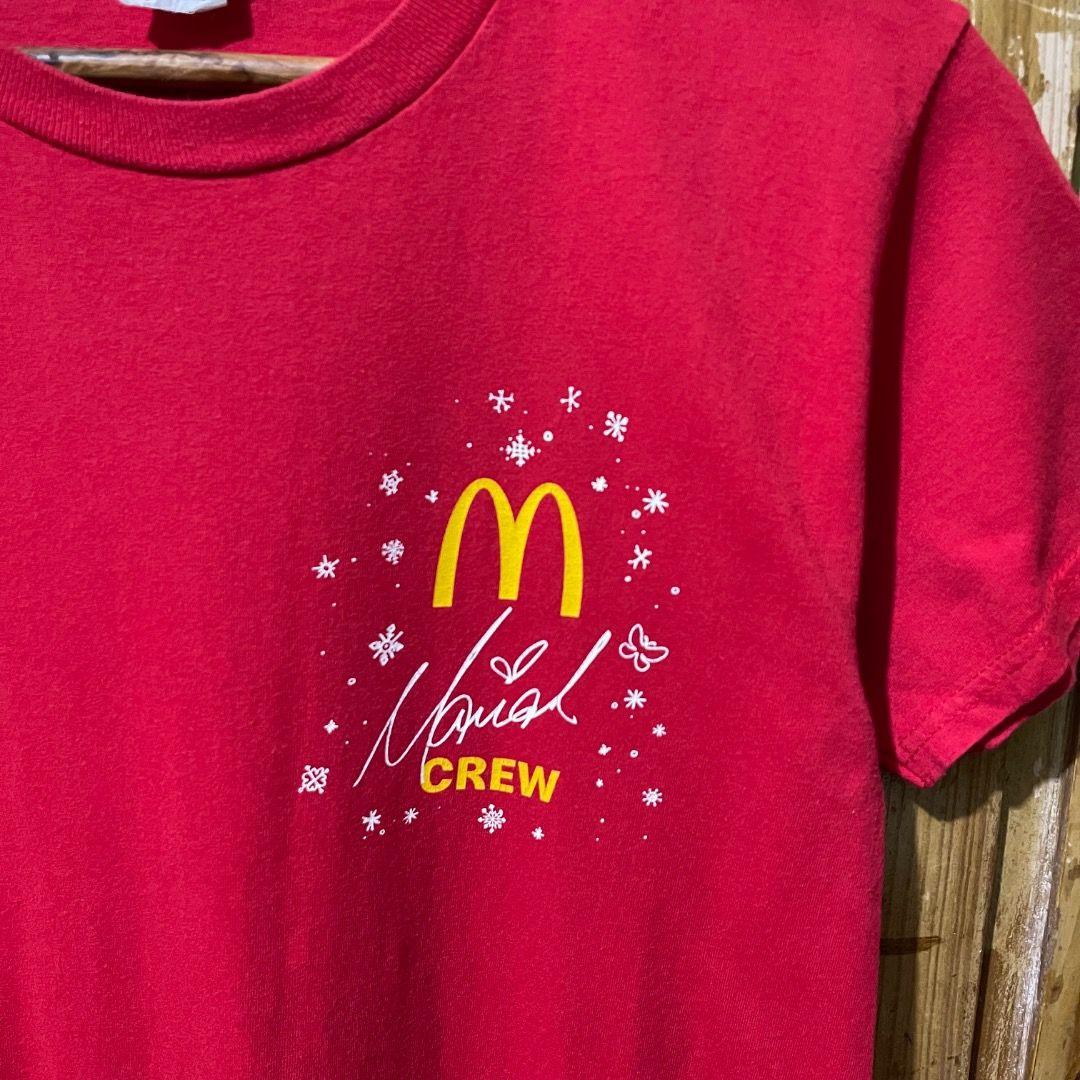 Mcdo x Mariah Crew Shirt by Hanes (Category: Tshirts & Polo Shirts ) located in Baguio. Submitted by goodfinds2600v2 (Listing ID 1437147577, Image 3). Description: Size on tag: S fits S-M Dimensions: L-27 W-17.5 Description: unisex Condition: Very good, 8.5/10 Color Rate Issue/s: Print cracks, small dot stain.
