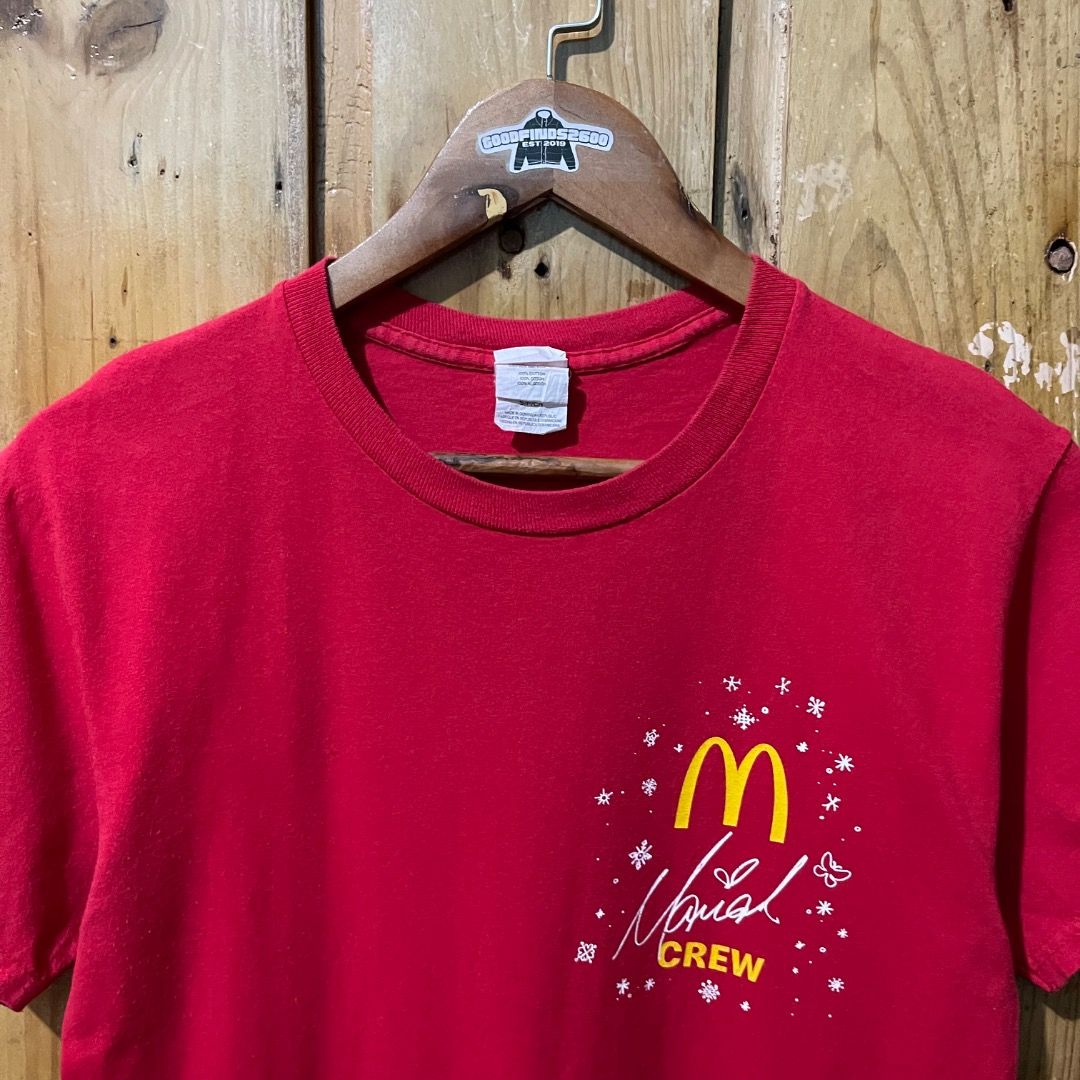 Mcdo x Mariah Crew Shirt by Hanes (Category: Tshirts & Polo Shirts ) located in Baguio. Submitted by goodfinds2600v2 (Listing ID 1437147577, Image 2). Description: Size on tag: S fits S-M Dimensions: L-27 W-17.5 Description: unisex Condition: Very good, 8.5/10 Color Rate Issue/s: Print cracks, small dot stain.