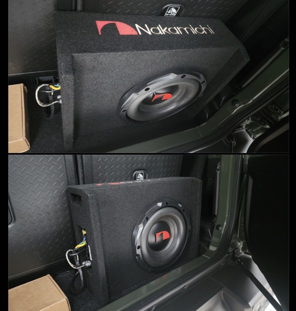Perfect fit for Suzuki Jimny (Category: Audio, Video, Alarm and other Electronic Accessories) located in Taguig. Submitted by RJR888 (Listing ID 1437086984, Image 1). Description: - Nakamichi car subwoofer - Black color - Features a red Nakamichi logo - Single, large speaker - Rectangular box design - Covered in black fabric No more box.