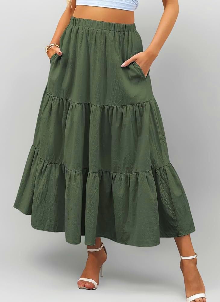 Olive Green Tiered Maxi Skirt (Category: Skirts) located in Dagupan City. Submitted by t00tsy (Listing ID 1437175130, Image 1). Description: !! SF Shouldered by Buyer !! - Olive green maxi skirt - M-L - Tiered design - Elastic waistband - No pockets (just an example pic) - Flowy silhouette - offers not lower than ₱150 -last pic color is innacurate MOP: Gcash MOD: J&T pm for more info, pic etc..