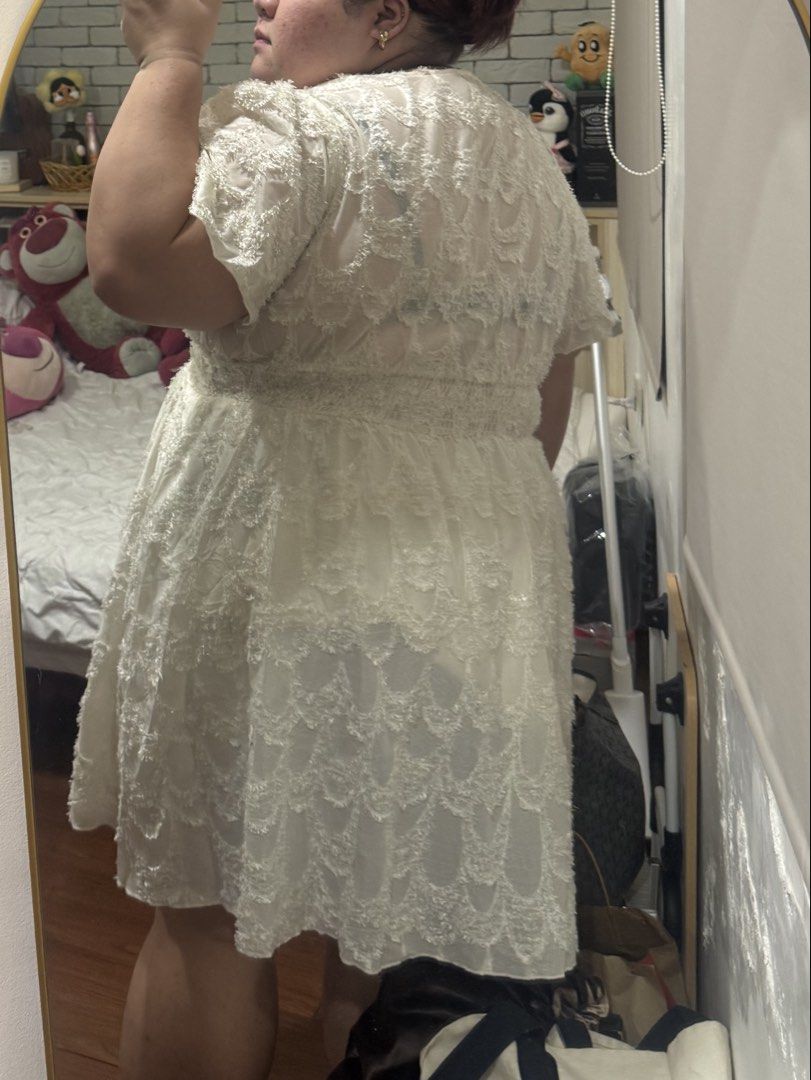 Plus size white lace dress (Category: Dresses) located in Makati City. Submitted by airahern (Listing ID 1437178948, Image 2). Description: - Brand new apricot dress - Size: 4XL - Design: V-neck - Fabric: Textured - used 2x only.
