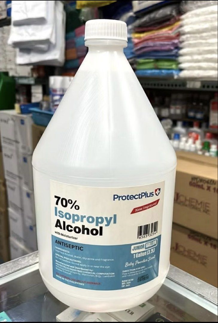 ProtectPlus 70% Isopropyl Alcohol 1 Gallon (Category: Health Food, Drinks & Tonics) located in Manila. Submitted by shaingb (Listing ID 1437203643, Image 1). Description: ProtectPlus 70% Isopropyl Alcohol with moisturizer. Junior gallon size, 1 gallon (3.2L). Contains isopropyl alcohol, water, glycerine, and fragrance. Baby powder scent. For external use only. Manufactured by ProtectPlus Industries Chemical Corporation. Made in the Philippines. E