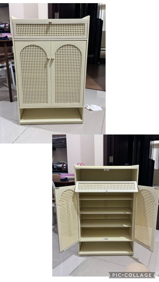 Rattan Style Shoe Cabinet (Category: Everything Else Others) located in Manila. Submitted by jezm. (Listing ID 1437186661, Image 3). Description: - Rattan-style shoe cabinet - Two doors - Multiple shelves for shoe storage - Top drawer - Open bottom shelf - Light cream color - Made of wood or similar material.