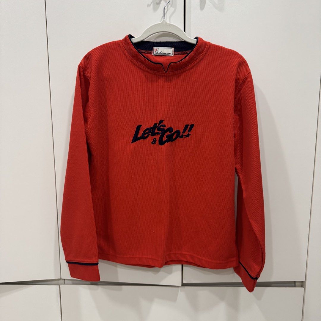Red Long Sleeve Sweatshirt with "Let's Go!!" (Category: Longsleeves) located in Pasig City. Submitted by vovothefool (Listing ID 1437068246, Image 1). Description: shoulder “17 length “21.