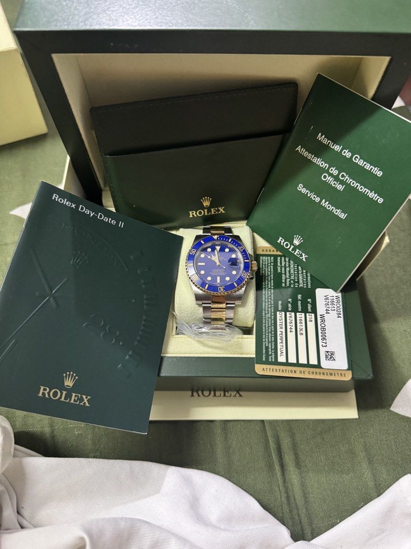 Rolex Submariner Blue Dial Two-Tone (Category: Luxury Watches) located in Manila. Submitted by nash.alawiya121293 (Listing ID 1437155396, Image 1). Description: - 2010 model - Rolex Submariner - Blue dial - Two-tone stainless steel and gold bracelet - Includes original box, warranty card, and booklets - Date display - Brand new in original packaging.