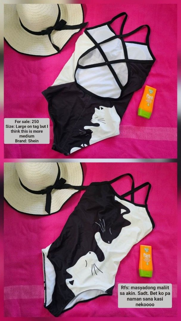 Shein Cat Print Swimsuit - Medium (Category: Bikinis & Swimsuits) located in Caloocan City. Submitted by paula82359 (Listing ID 1437081785, Image 1). Description: - Cat print swimsuit - Fits like a medium (tag size large) - Unique black and white cat design - Features a criss-cross back - Selling for ₱250 still negotiable - Seller is sad it doesn't fit!.