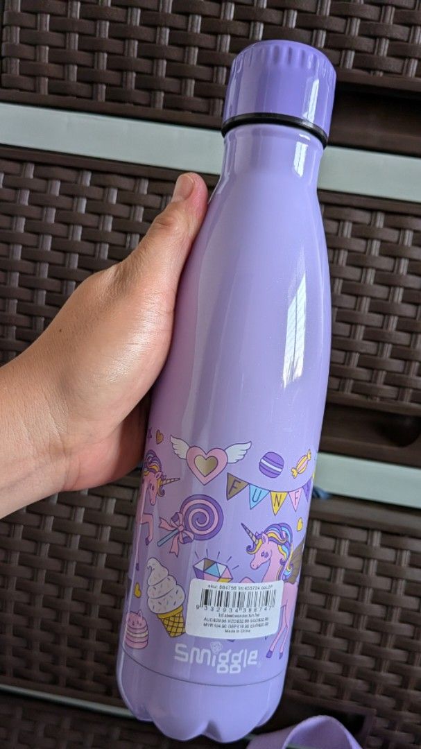 Smiggle Unicorn Water Bottle (Category: Other Babies Going Out Needs) located in Tanay. Submitted by misyelleysim (Listing ID 1437074800, Image 2). Description: - Smiggle unicorn design - BPA-free - Screw-on lid - Light purple color - Colorful illustrations - Stainless steel - Slim, easy-to-carry shape.