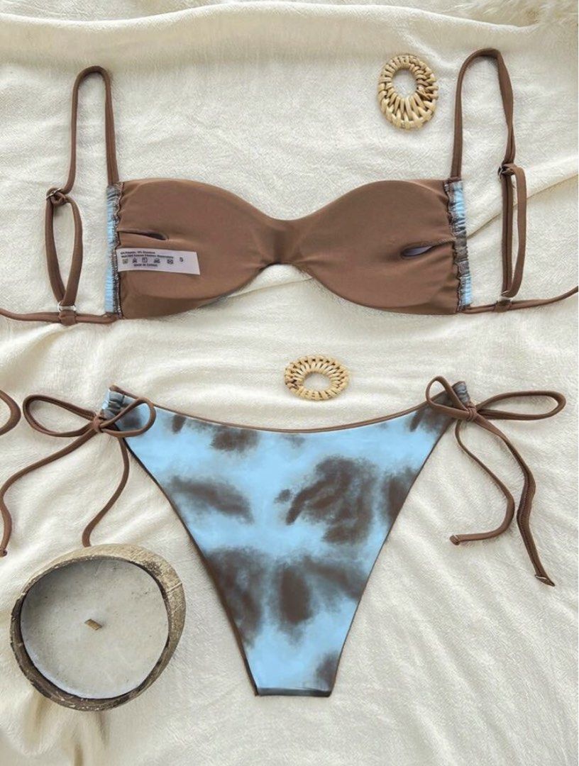 Tie-dye Bikini Set Blue Brown (Category: Bikinis & Swimsuits) located in Valenzuela. Submitted by decluttermaniac (Listing ID 1437130727, Image 2). Description: - Tie-dye bikini set (blue and brown) - Adjustable top straps - Tie-side bottoms for a custom fit - Reversible design: solid brown on the inside - Perfect for beach or pool days! - Newwwww -Bought for more than 300 - rfs: too small.