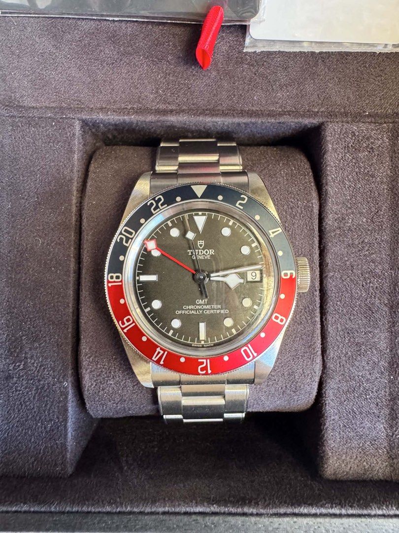 Tudor Black Bay GMT (Category: Luxury Watches) located in Manila. Submitted by flyinghobo (Listing ID 1437096959, Image 2). Description: Tudor Black Bay GMT 41mm “Pepsi” - 79830RB Reference no. - 2021 July dated - Complete Set with Papers - 9.8/ 10 Condition - Open for Authentication - makati,alabang, paranaque - hard pass sa lowballers ₱171,000 Guaranteed Lowest in the Market for faster inquiries call 09687733489.