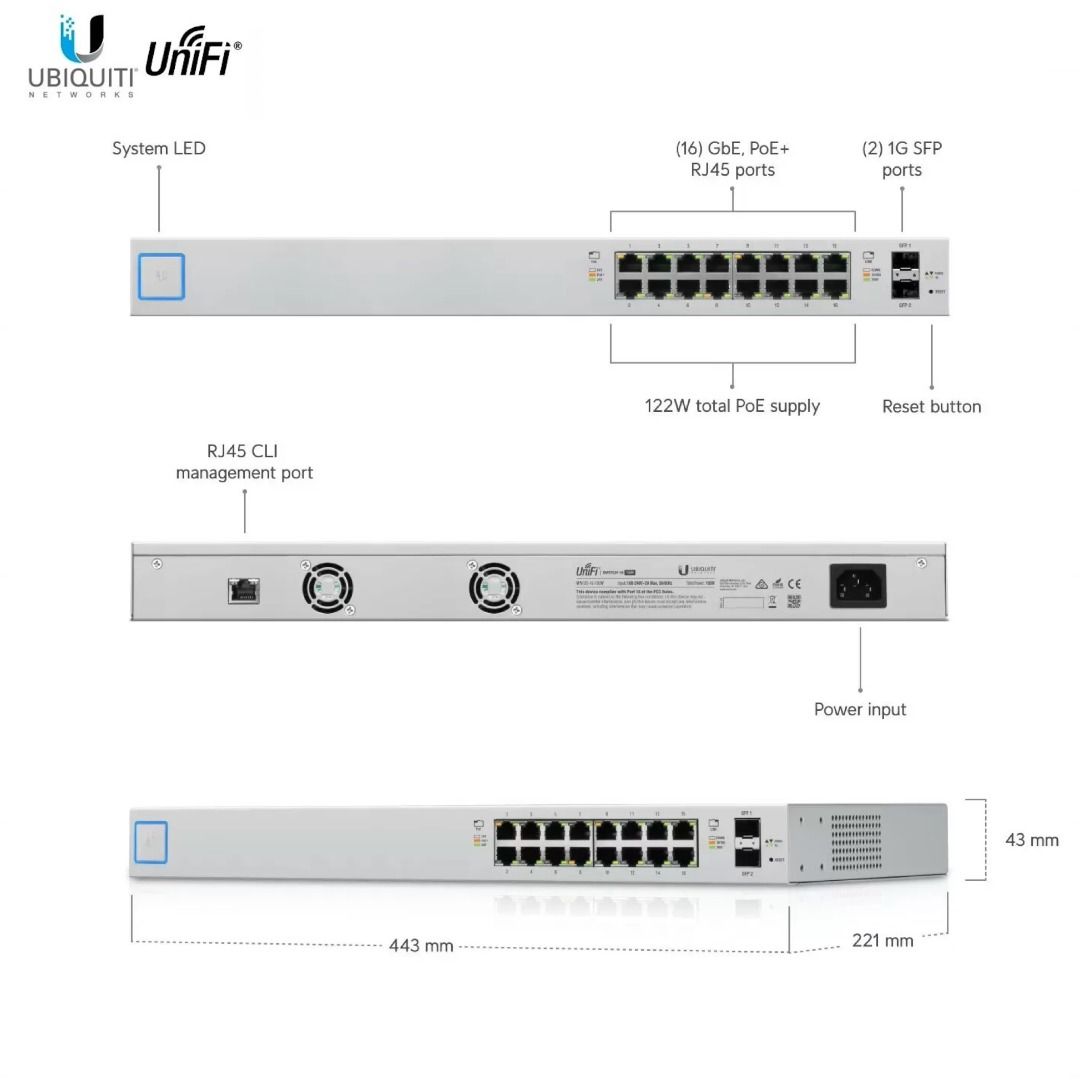 UniFi 16-Port PoE+ Gigabit Switch, Ubiquiti
