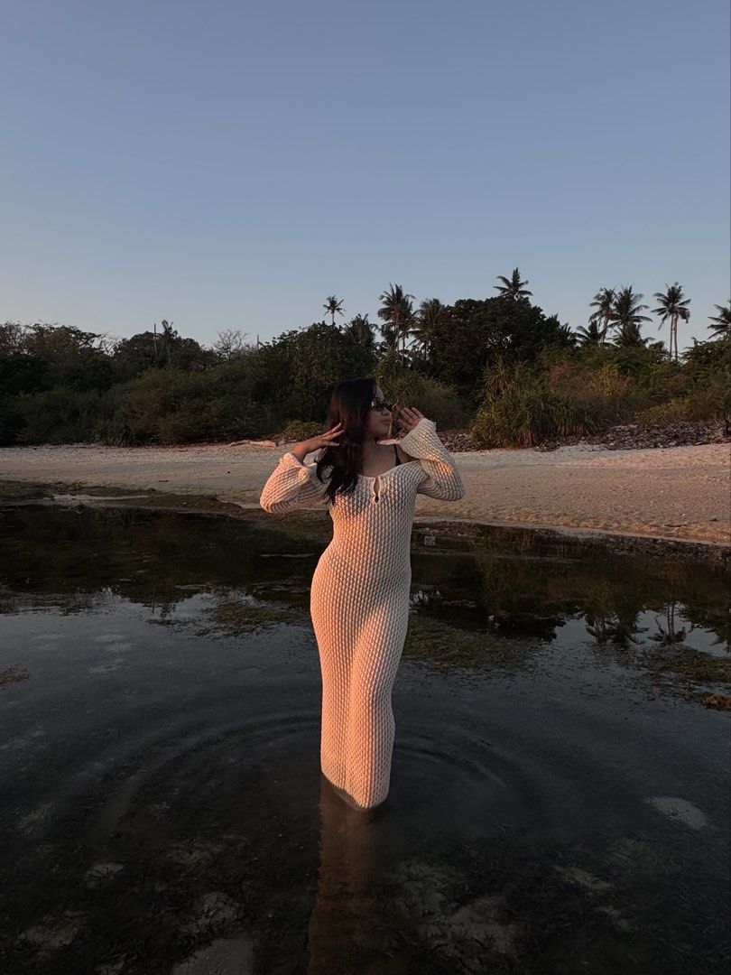 White Crochet Maxi Dress (Category: Dresses) located in Taguig. Submitted by dlythrift (Listing ID 1437149724, Image 2). Description: - White see through dress - Long sleeves - Floor-length - Ideal for beach wear - stretchable .