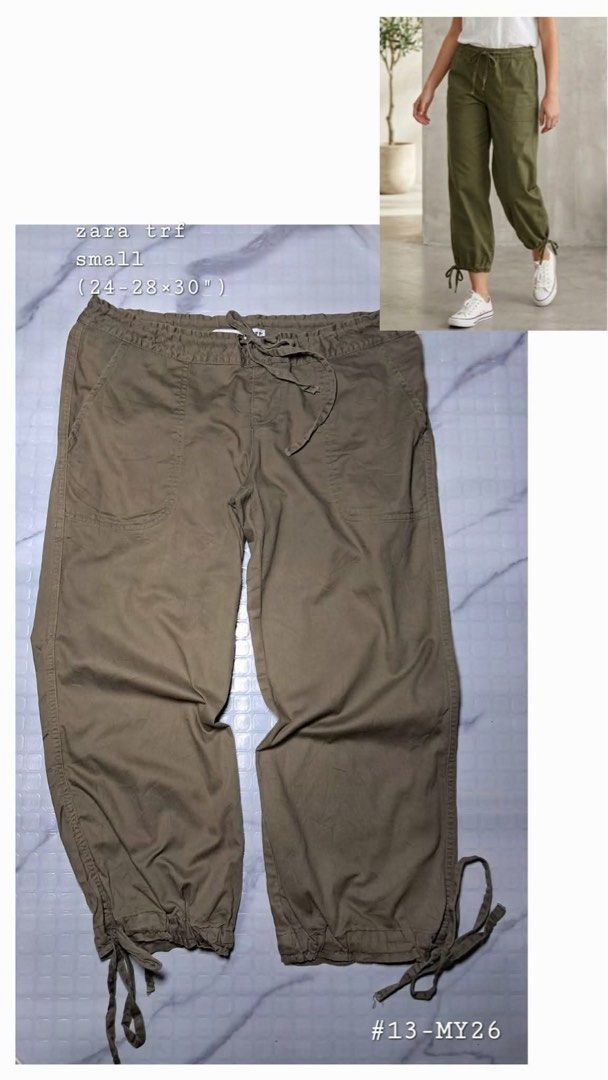 Zara TRF Small Olive Green Cropped Pants (Category: Other Bottoms) located in Baguio. Submitted by padisellsz (Listing ID 1437124097, Image 1). Description: - Zara TRF olive green pants - Very good condition - No issues - Size: Small - Features: - Drawstring waist - Ankle tie details - Two front pockets - One back pocket - Material: 100% cotton - Size details: EUR S, USA S, MEX 26 - Made in Bangladesh.