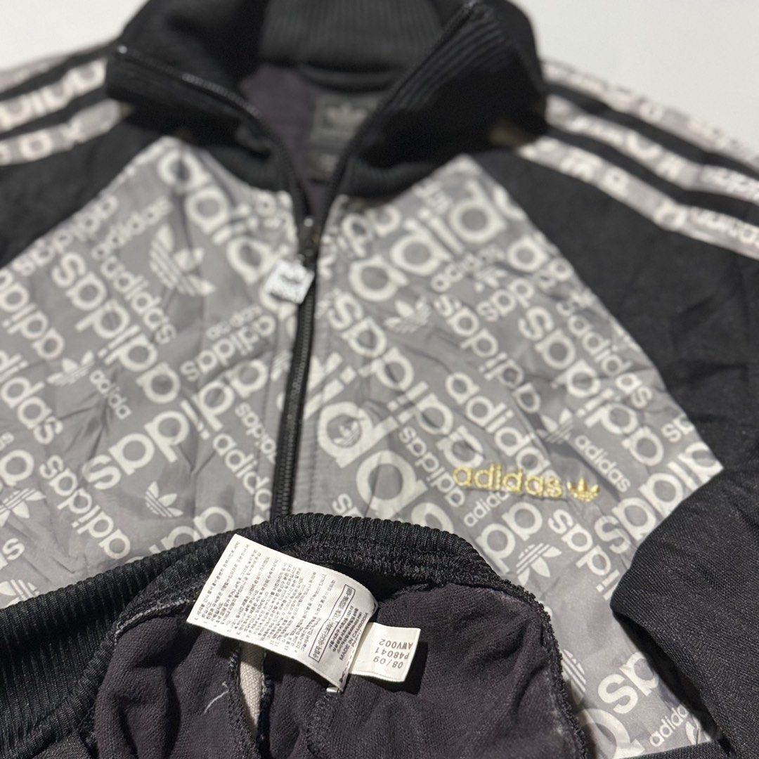 Adidas Track Jacket with Logo Print (Category: Coats, Jackets and Outerwear) located in Zamboanga. Submitted by arganhadjula28 (Listing ID 1437266128, Image 3). Description: - Adidas track jacket - Repeating logo pattern on front panel - Full zip closure - Side pockets - Iconic three stripes on sleeves - Ribbed collar and cuffs - Adidas logo on chest and zipper.