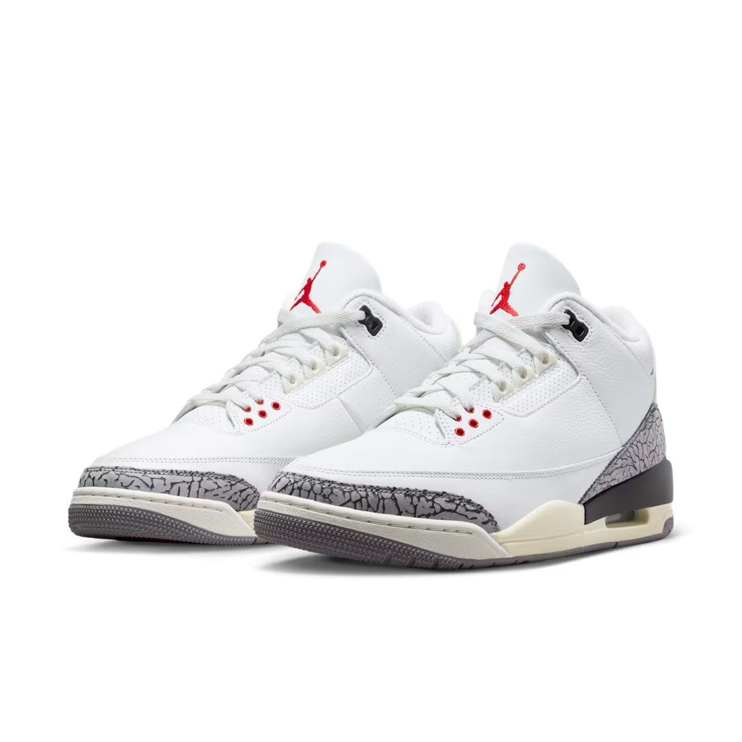Air Jordan 3 Retro White Cement (Category: Sneakers) located in San Pedro. Submitted by kaassy (Listing ID 1437325285, Image 1). Description: Classic Air Jordan 3 Retro sneakers in white with cement grey accents. Features the iconic elephant print on the toe and heel. Includes red Jumpman logo on the tongue. The midsole has a cream color. The laces are white. The outsole is grey..