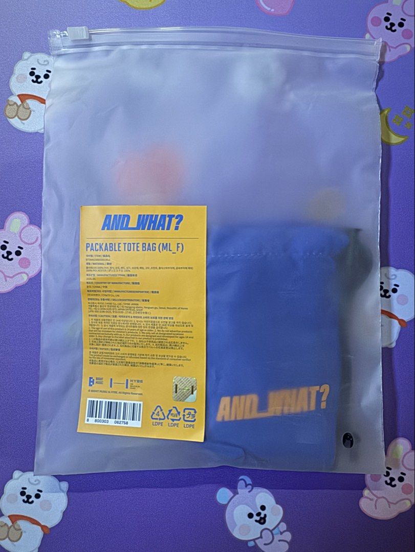 And What? j-hope exhibition packable tote bag (Category: Tote Bags) located in Paranaque City. Submitted by worldasiloveit (Listing ID 1437211019, Image 1). Description: Authentic. On-hand. Bought from exhibition at AK Plaza Last price posted MOP: GCash, BPI QR code, Metrobank RFS: extra Note: Last two photos not mine .