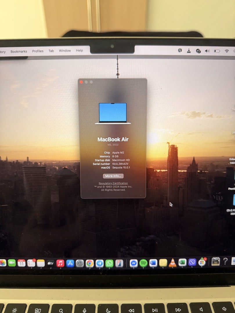 Apple Macbook Air M2 2022 (Category: Laptops & Notebooks) located in Taguig. Submitted by samlibao (Listing ID 1437367048, Image 3). Description: Apple Macbook Air M2 2022 model. Features an Apple M2 chip, 8GB memory, and a 256GB storage. The battery health is at 98%. Cycle count is 100. It has a 13.6-inch Liquid Retina display. Running on macOS Sequoia version 15.0.1. The laptop is in perfect working condition..
