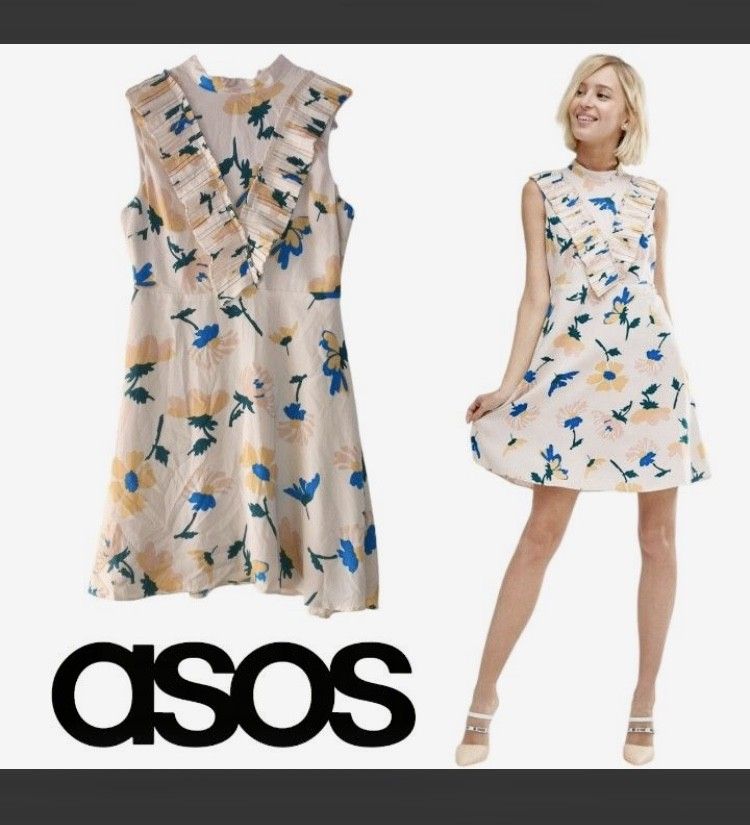 ASOS Floral Ruffle Dress (Category: Dresses) located in Tarlac. Submitted by aprilcalim69273 (Listing ID 1437213754, Image 2). Description: - ASOS floral dress - Sleeveless design - High neckline - Ruffle detail - Flattering silhouette - Floral print: yellow, blue, and green on light pink background •Measurements Bustline up to 34" Waistline 28' Lenght 34".