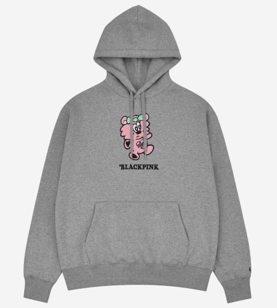 AUTHENTIC BLACKPINK X VERDY COLLAB HOODIE (Category: Coats, Jackets and Outerwear) located in Bacolod City. Submitted by tmyshop21 (Listing ID 1437293598, Image 1). Description: - Gray hoodie with a pink bear graphic and BLACKPINK logo. - Features a kangaroo pocket and drawstring hood. - Long sleeves with ribbed cuffs. - Made of soft, comfortable fabric. - Brand new with tag attached..