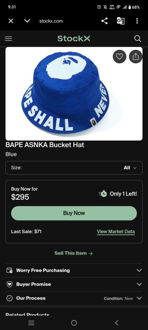 BAPE ASNKA Bucket Hat Blue (Category: Caps & Hats) located in Bacolod City. Submitted by bt_ph (Listing ID 1437288460, Image 2). Description: - Authentic BAPE bucket hat - Color: Blue - Size: L (58cm) - Design: Ape head logo and "APE SHALL NEVER KILL APE" text - Made in Japan - Includes BAPE tag.