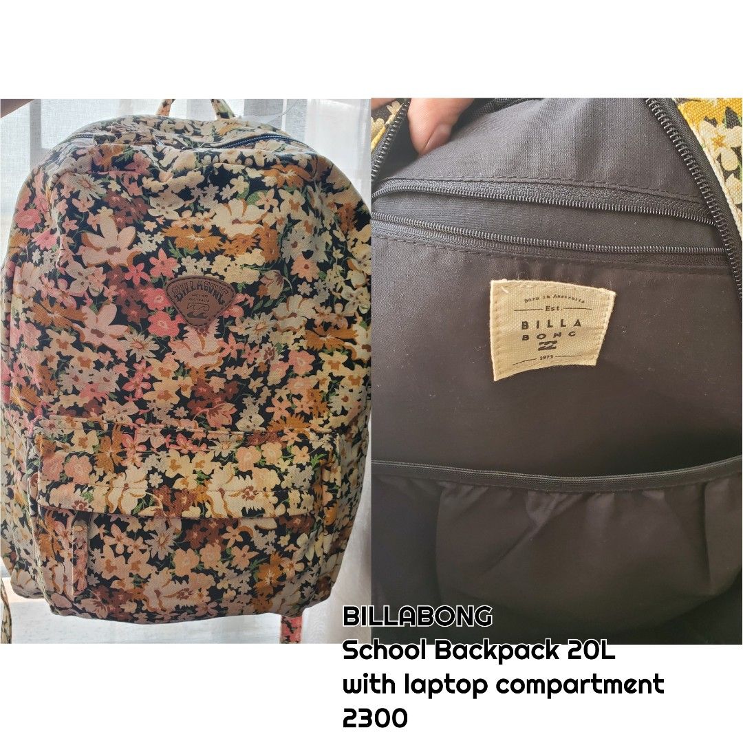 Billabong School Backpack 20L with Laptop Compartment (Category: Backpacks) located in Quezon City. Submitted by jd0424 (Listing ID 1437290744, Image 1). Description: - Billabong school backpack with floral design - 20L capacity - Includes a laptop compartment - Features a front pocket and top handle - Interior with Billabong label - Color scheme: Brown, pink, and white.