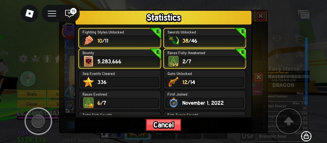 Blox Fruits Account - Level 2800 (Category: In-Game Products) located in Caloocan City. Submitted by void23 (Listing ID 1437393087, Image 2). Description: - Level 2800 Blox Fruits Account - 10/11 Fighting Styles Unlocked - 38/46 Swords Unlocked - Bounty: 5,283,666 - Fruit Inventory: Venom, Shadow, Quake, Phoenix, Pain, Blizzard - Account Created: November 1, 2022 - Contact me for more information!.