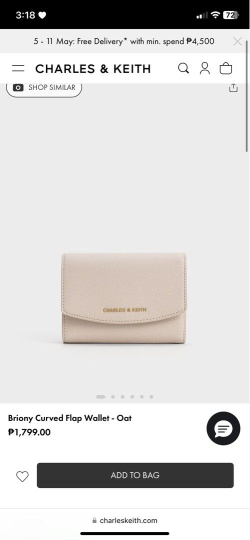 Charles & Keith Briony Curved Flap Wallet - Oat (Category: Wallets & Card holders) located in Quezon City. Submitted by _d3clutt3er (Listing ID 1437280321, Image 1). Description: - Brand new Charles & Keith Briony Curved Flap Wallet - Color: Oat - Features a stylish curved flap design - Includes the iconic Charles & Keith logo - Compact size, ideal for daily use - Crafted from a textured material.