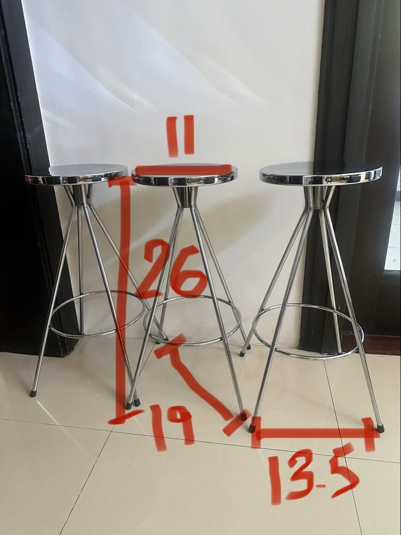 Chrome Bar Stools (Category: Chairs) located in Manila. Submitted by jinxandlance (Listing ID 1437250884, Image 1). Description: - Circular seat design - Sturdy chrome frame - Seat diameter: 11 inches - Height: 26 inches - Base dimensions: 19" x 13.5" - Ideal for kitchen counters or bar areas 1500 each 2pcs available.