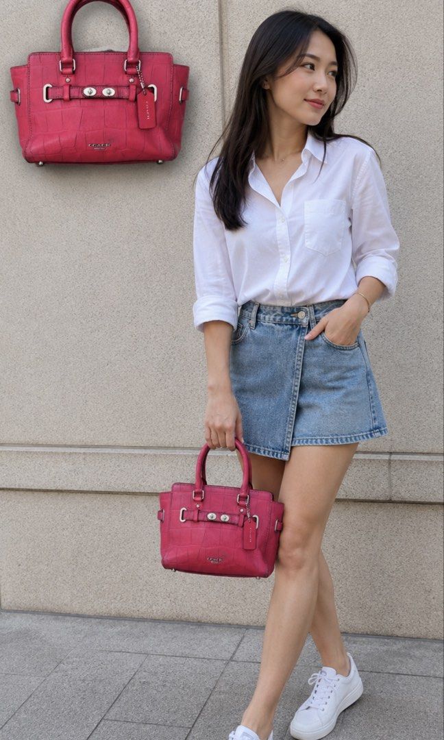 Coach Blake Carry All 25 Satchel (Category: Luxury Bags & Wallets) located in Manila. Submitted by shopaholic_gurl (Listing ID 1436911615, Image 1). Description: - Coach mini satchel - Pink croc-embossed leather - Two top handles - No Sling - Silver-tone hardware - with Coach hang tag - Rectangular shape, structured design - Coach logo visible -damaged creed Sold as is.