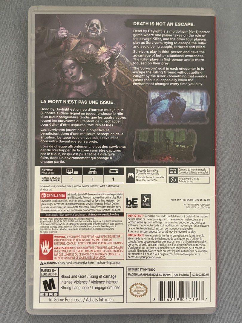 Dead by Daylight Nintendo Switch Game (Category: Nintendo) located in Paranaque City. Submitted by juju_closet (Listing ID 1437247643, Image 3). Description: - bought from Datablitz - never played - comes with case Pm for more details.