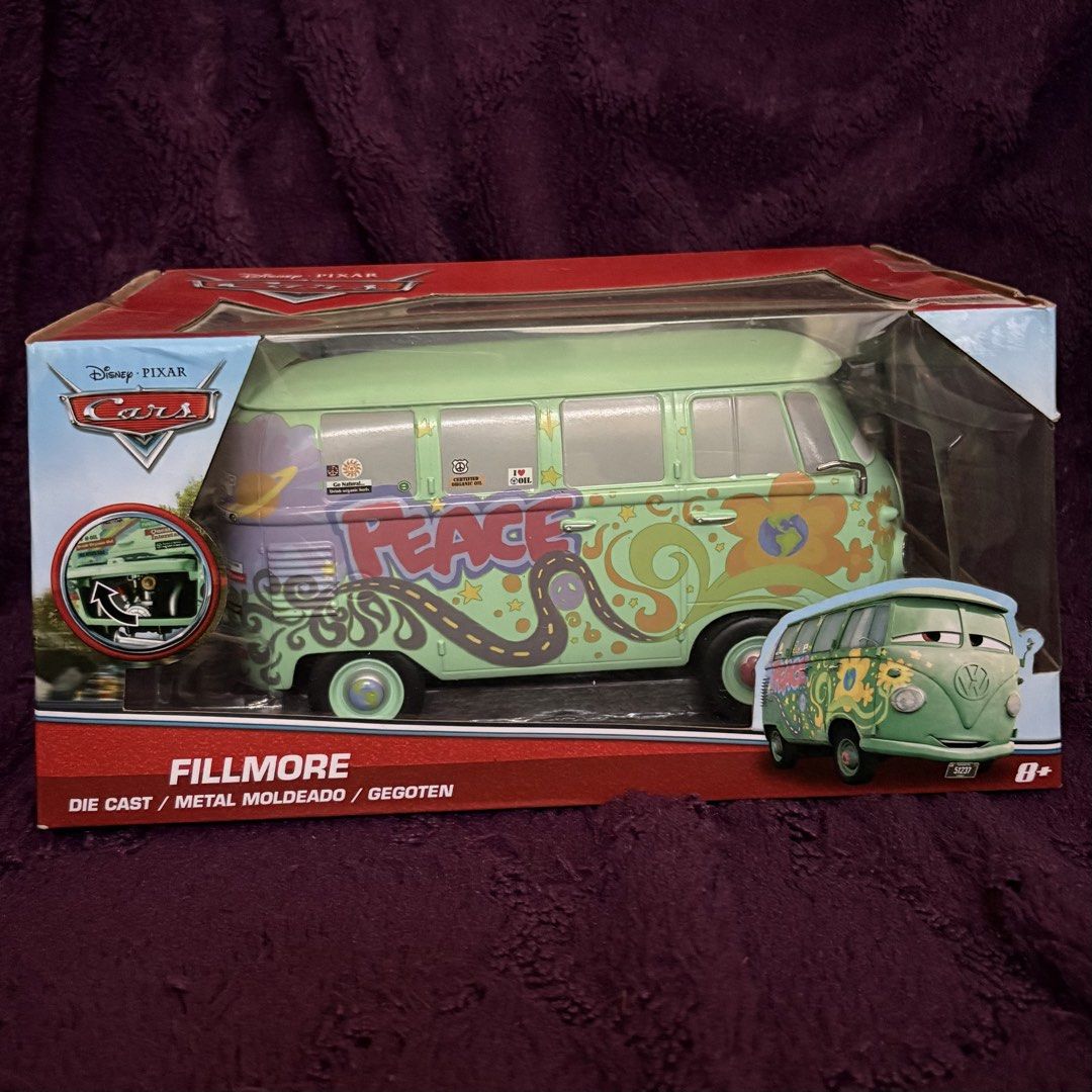 Disney Pixar Cars Fillmore Diecast (Category: Toys & Games) located in Pasig City. Submitted by sinta_studio (Listing ID 1437310687, Image 1). Description: Never used or played, just opened the box to check - 7” in length - Fillmore diecast car from the Disney Pixar Cars movie. - Features a detailed design. - Iconic peace and flower graphics. - Made of metal. - Comes in its original packaging. - Perfect for Cars collectors..