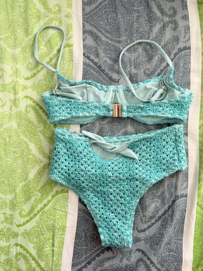 Eighth Mermaid Crochet Bikini Set - XS (Category: Bikinis & Swimsuits) located in Quezon City. Submitted by aleeeexisssss (Listing ID 1437246192, Image 3). Description: - Eighth Mermaid crochet bikini set - Blue Green color - Includes top and high-waisted bottoms - Top features adjustable straps and clasp closure - Bottoms have a tie detail at the back - Size: XS RFS: wrong size I gained a ✨little✨ weight Never worn; just washed and fit once.