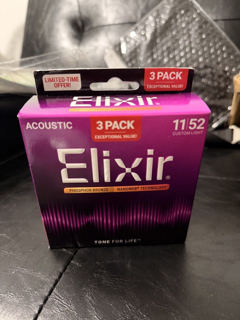 ELIXIR PHOSPHOR BRONZE 11-52 3 PACK ACOUSTIC GUITAR STRINGS (Category: Other Audio Equipment) located in Makati City. Submitted by madamchi (Listing ID 1437366015, Image 1). Description: Brandnew 3 pack box 100% authentic from Japan MOP: Gcash PICKUP: Makati City SHIPPING also available via J&T.