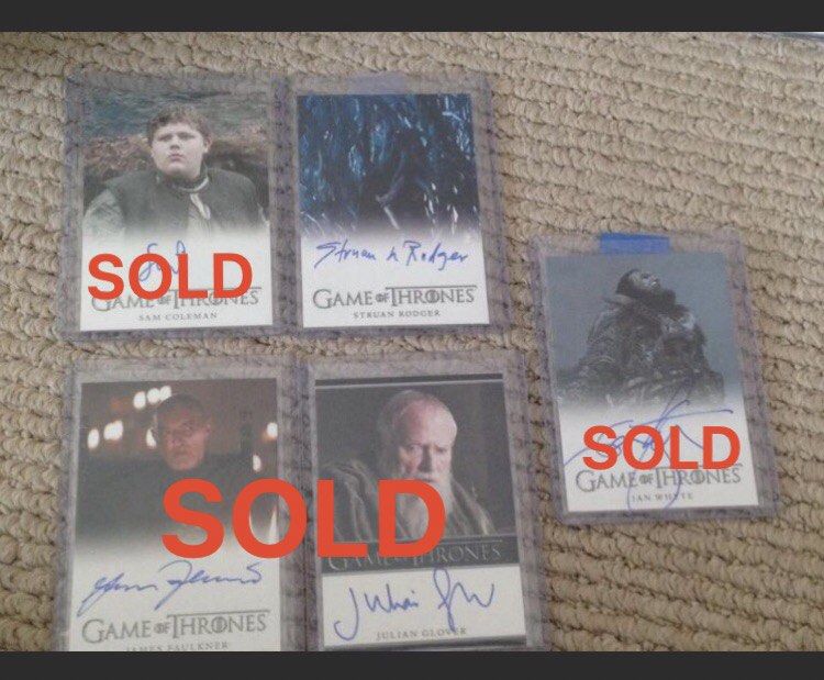 Game of thrones autograph cards (Category: Raw Singles) located in San Juan City. Submitted by jim.jim7 (Listing ID 238753953, Image 2). Description: This listing is hosted on Carousell on behalf of OLX Philippines. Text me for faster communication 0977-3664226. Prices are Night king p2000 Mance rayder p1500 Ser jorel p2500 Grand master pycelle p900 Three-eyed raven p1100 Randyll Tarly p900 Lady crane p900 Karl tanner p600 Rhaegar targaryen p1500
