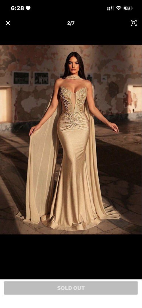 Gold beeded formal gown with cape (Category: Evening dresses & gowns) located in Infanta. Submitted by jammy00816 (Listing ID 1437318615, Image 2). Description: small to semi medium once used only for prom. can give free earrings :)).