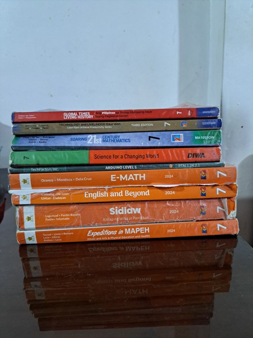Grade 7 Textbooks (Category: Textbooks) located in Quezon City. Submitted by hersheejubilo (Listing ID 1437312341, Image 2). Description: - Complete set of Grade 7 textbooks. - Titles include: - Expeditions in MAPEH - Sidlaw - English and Beyond - E-Math - Global Times Living History - LEAPS - Soaring 21st Century Mathematics - Science for a Changing World - Arduino and Its Daily Applications - All books are for Grade 7 students. Suitable for stu