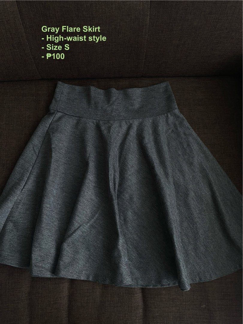 Gray Flare Skirt High-Waist Size S (Category: Skirts) located in Manila. Submitted by hellonuggy (Listing ID 1437334608, Image 2). Description: - Gray flare skirt - High-waist style - Size S - Soft fabric - Flared design - Versatile for any occasion.