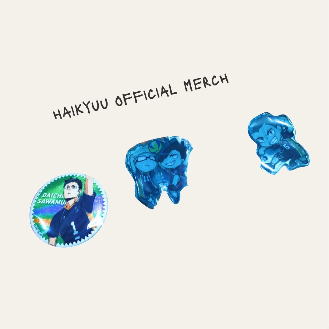 Haikyuu Official Merch (Pin / Acrylic Keychain) (Category: Character Goods) located in Pasig City. Submitted by lo.flo (Listing ID 1437332964, Image 1). Description: Haikyuu!! Official Merch ❗Bought from Bandai Gashapon Japan❗ ❗Comes in original packaging❗ ✅ AVAILABLE ● (1) SEALED Haikyuu Stand Stones Decora PIC Acrylic Keychain - Ryūnosuke Tanaka ● (1) SEALED Haikyuu Stand Stones Decora PIC Acrylic Keychain - Kei Tsukishima + Tetsuro Kuroo ● (1)