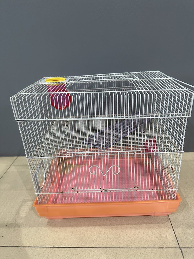Hamster Cage (Category: Homes & Other Pet Accessories) located in Caloocan City. Submitted by ashleyscorner (Listing ID 1437247469, Image 1). Description: length-15-1/2 inch width-10-1/2 height -15inch caloocan east gracepark - Hamster cage with included accessories. - Features a pink base and wire frame. - Comes with a water bottle, food bowl, and small tunnel. - Includes a small platform. - Convenient access door. - Perfect for small pets!.