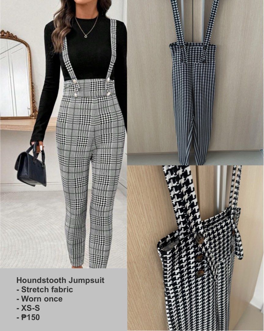 Houndstooth Jumpsuit XS-S (Category: Jumpsuits) located in Manila. Submitted by hellonuggy (Listing ID 1437334602, Image 3). Description: - Houndstooth jumpsuit - Size: XS-S - Features: High-waisted design, suspender straps, button details - Pattern: Black and white - Condition: Worn once - Stretch fabric.