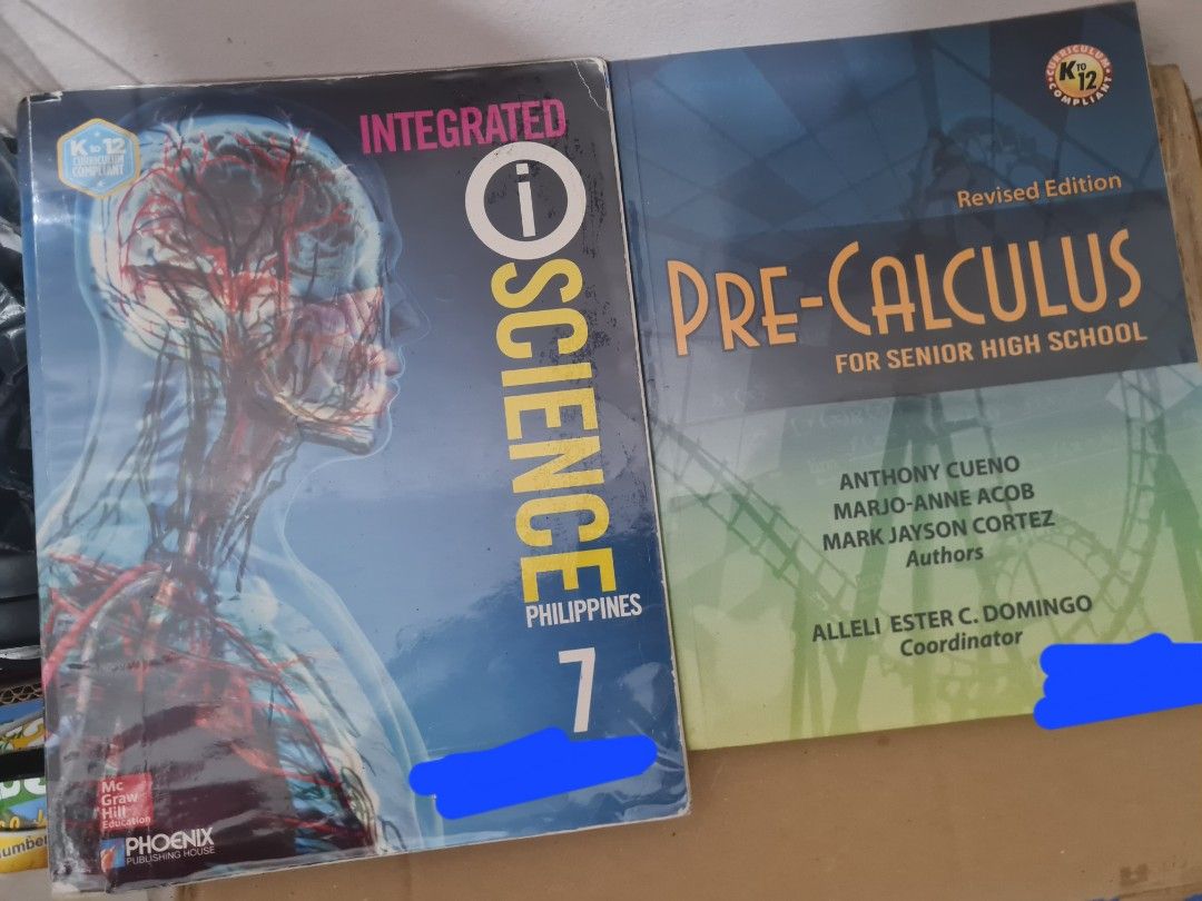 Integrated Science 7 & Pre-Calculus for Senior High School (Category: Textbooks) located in Quezon City. Submitted by declutter1990 (Listing ID 1437286707, Image 1). Description: - Integrated Science 7 textbook for senior high school. - Pre-Calculus (Revised Edition) textbook for senior high school. - Pre-Calculus authors: Anthony Cueno, Mario-Anne Acos, and Mark Jayson Cortez. - Pre-Calculus coordinator: Alleli Ester C. Domingo. - Both books are