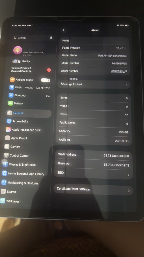 Ipad Air 5th Gen 256 Wifi (Category: iPad) located in Quezon City. Submitted by zoe_zee (Listing ID 1437230728, Image 3). Description: Ipad Air 5th Gen 256 GB with Box No Charger, No Scartch, No Dents Honest Issue: Replaced LCD then may sira na yung replaced LCD ( see pictures above), wala na din yung touch id, no issues sa icloud and other than that, you can reset all you want. .