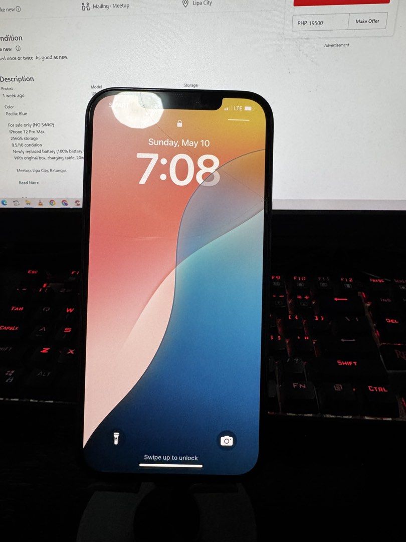 iPhone 12 Pro Max 256GB (Category: iPhone X Series) located in Rizal. Submitted by eatsewkey (Listing ID 1437224607, Image 2). Description: iPhone 12 Pro Max -256GB -Pacific Blue -BH 69% -No Repair Original Battery - All working - Signs of case markings very minimal. (See uploaded images) Meet Up: Cubao Gateway or Any Starbucks in Antiopolo Inclusion: -Unit only -Can Include Lightning Cable(Vention) and Charging Brick(Apple).