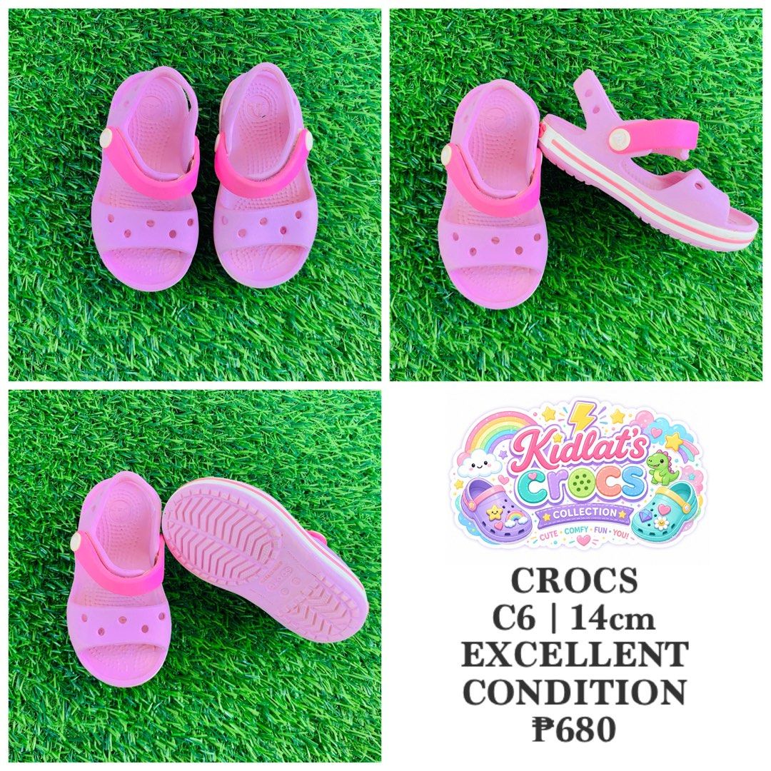 Kidlat's Crocs C6 14cm Sandals (Category: Babies & Kids Fashion) located in Santiago. Submitted by kidlatscollection (Listing ID 1437372426, Image 1). Description: - Pink Kidlat Crocs sandals - Size: C6 (14cm) - Color: Pink - Features: Pink strap and base with holes - Condition: Excellent - Perfect for kids' comfort and style.