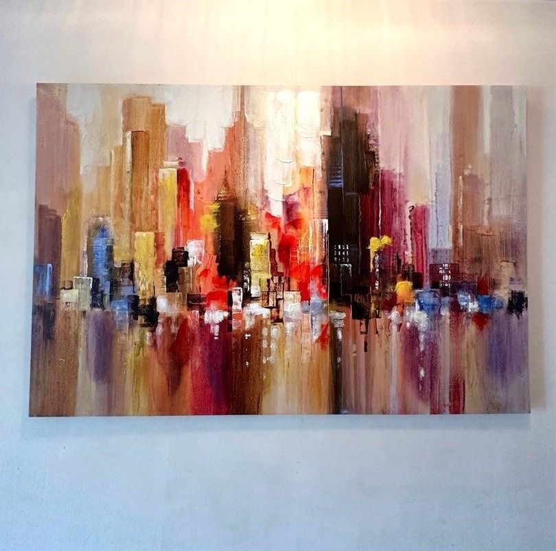 Large Abstract City Painting 120x80cm | Real Textured Canvas Wall Art ...