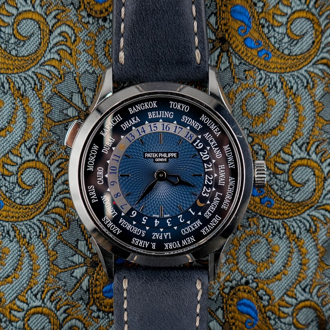 [SOLD-DM to source] Patek Philippe PP World Time 5230P-001 (Category: Watches) located in Singapore. Submitted by calibre65 (Listing ID 1437281315, Image 1). Description: This piece has been SOLD. DM us and we can source a similar piece for you! Patek Philippe PP World Time Reference Number: 5230P-001 Condition: Lightly Used Comes with: Full Set (Box & Papers) Dated: Q2 2023 Size: 38.5mm Case material: Platinum Strap material: Leather --- Calibre