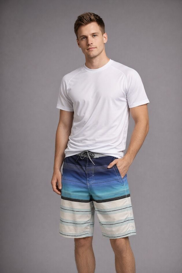 Mossimo Men's Gradient Striped Board Shorts (Category: Shorts) located in Daraga. Submitted by stylefitapparelph (Listing ID 1437366255, Image 2). Description: ✨Mossimo Men's Gradient Striped Board Shorts • SKU: 0094 • Condition: 9.8/10, authentic • Size on tag: Small • Waistline: 28–30” • Length: 21” • Leg Opening: 10” 💰 Bundle discounts available 📩 Message us for inquiries.