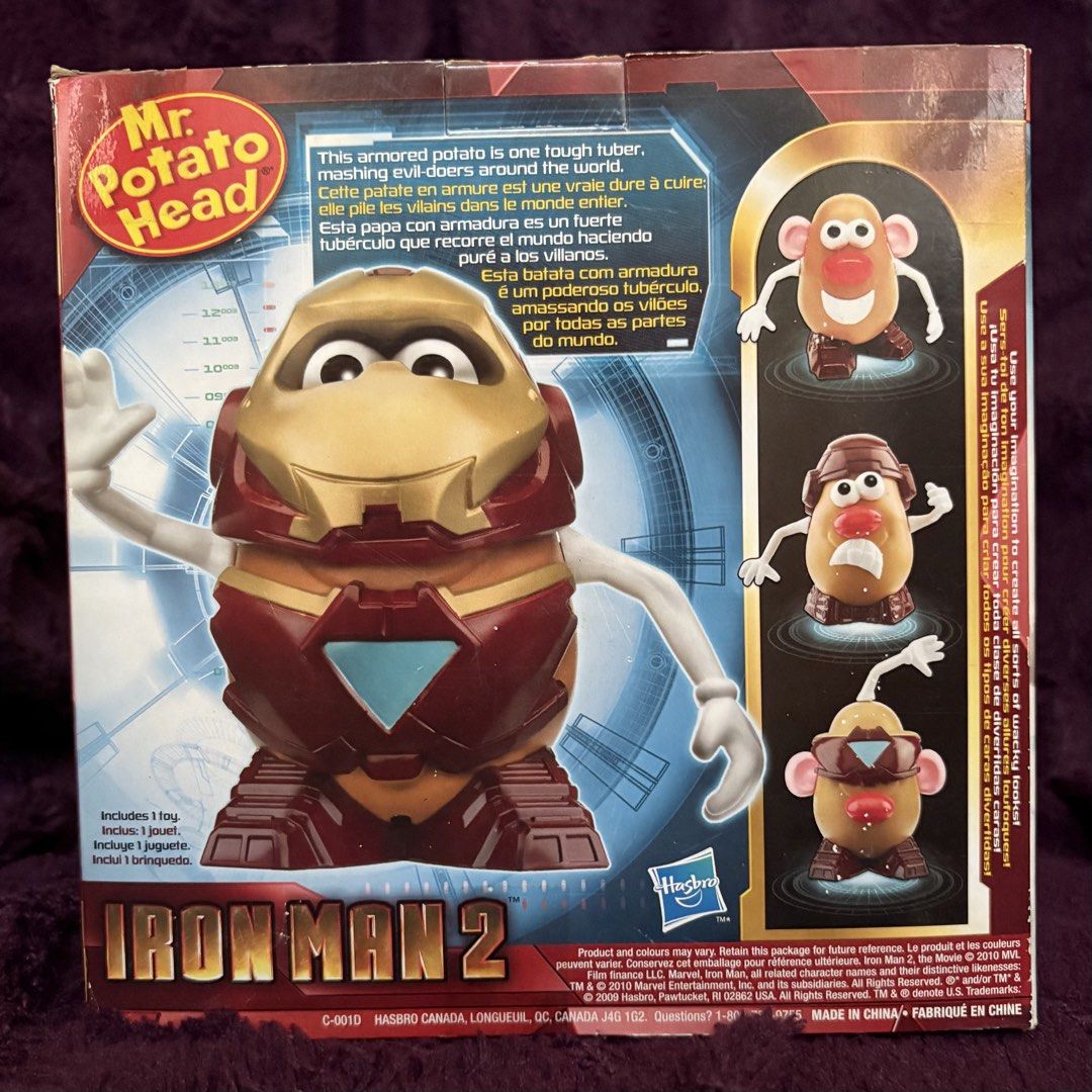 Mr. Potato Head Iron Man 2 Toy (Category: Figurines & Statues) located in Pasig City. Submitted by sinta_studio (Listing ID 1437309945, Image 2). Description: - Iron Man Mr. Potato Head from Iron Man 2! - Includes: Helmet, chest plate, boots, arms, ears, eyes, nose, and teeth. - Features two Tater Identities: Potato Genius and Soaring Super Spud. - Suitable for ages 2+..