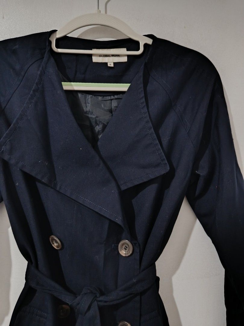navy blue double breasted trench coat (Category: Coats, Jackets and Outerwear) located in Paranaque City. Submitted by beautifulruin (Listing ID 1437307860, Image 3). Description: size S on tag but can fit XS-M includes self-tie belt model in pics is XS size, 4'11" just dm if you have any questions or want measurements :) MOP: Gcash MOD: J&T or Lalamove.