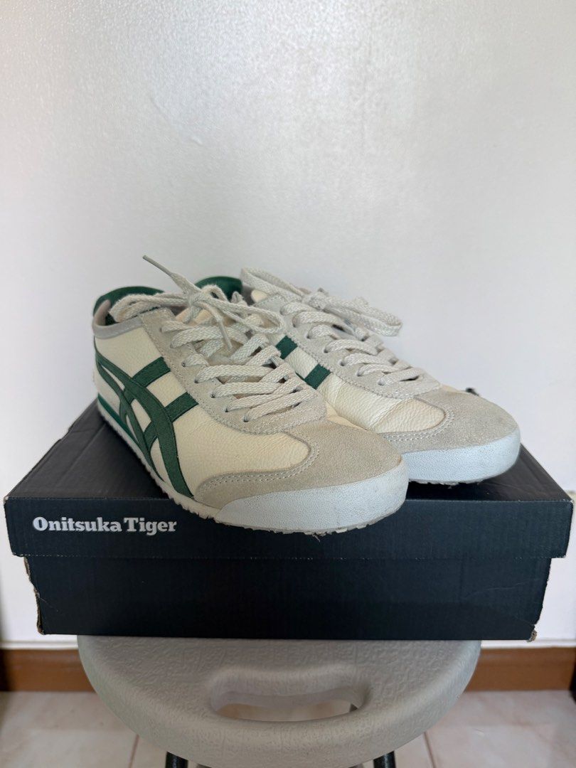 Onitsuka Tiger Mexico 66 VIN Sneakers (Category: Sneakers) located in Manila. Submitted by maag16 (Listing ID 1437220433, Image 2). Description: - Onitsuka Tiger Mexico 66 VIN - Color: Cream and Green - Size: 265 (US 8.5), EUR 42 - Includes: Original box and tags - Made in Indonesia - Features iconic tiger stripes - Classic design - Box condition: Shows wear and tear.