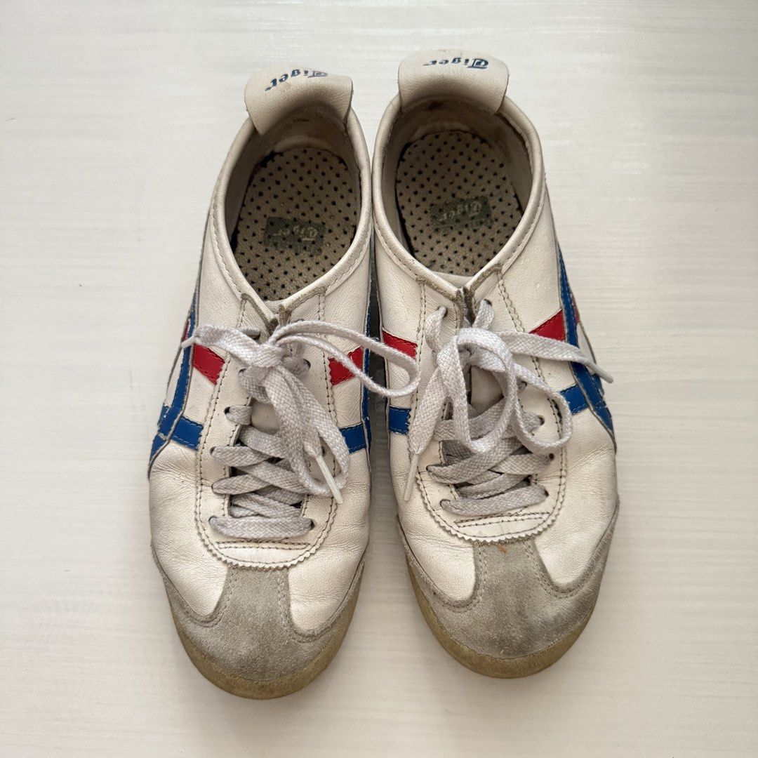 Onitsuka Tiger Mexico 66 White Blue Red (Category: Sneakers) located in Cavite. Submitted by gccwardrobe (Listing ID 1437275665, Image 1). Description: - Onitsuka Tiger Mexico 66 sneakers - Color: White with blue and red stripes - Upper: White leather - Toe cap: Grey suede - Size: US 5, EUR 37.5, 23.5 cm - Model: DL408.